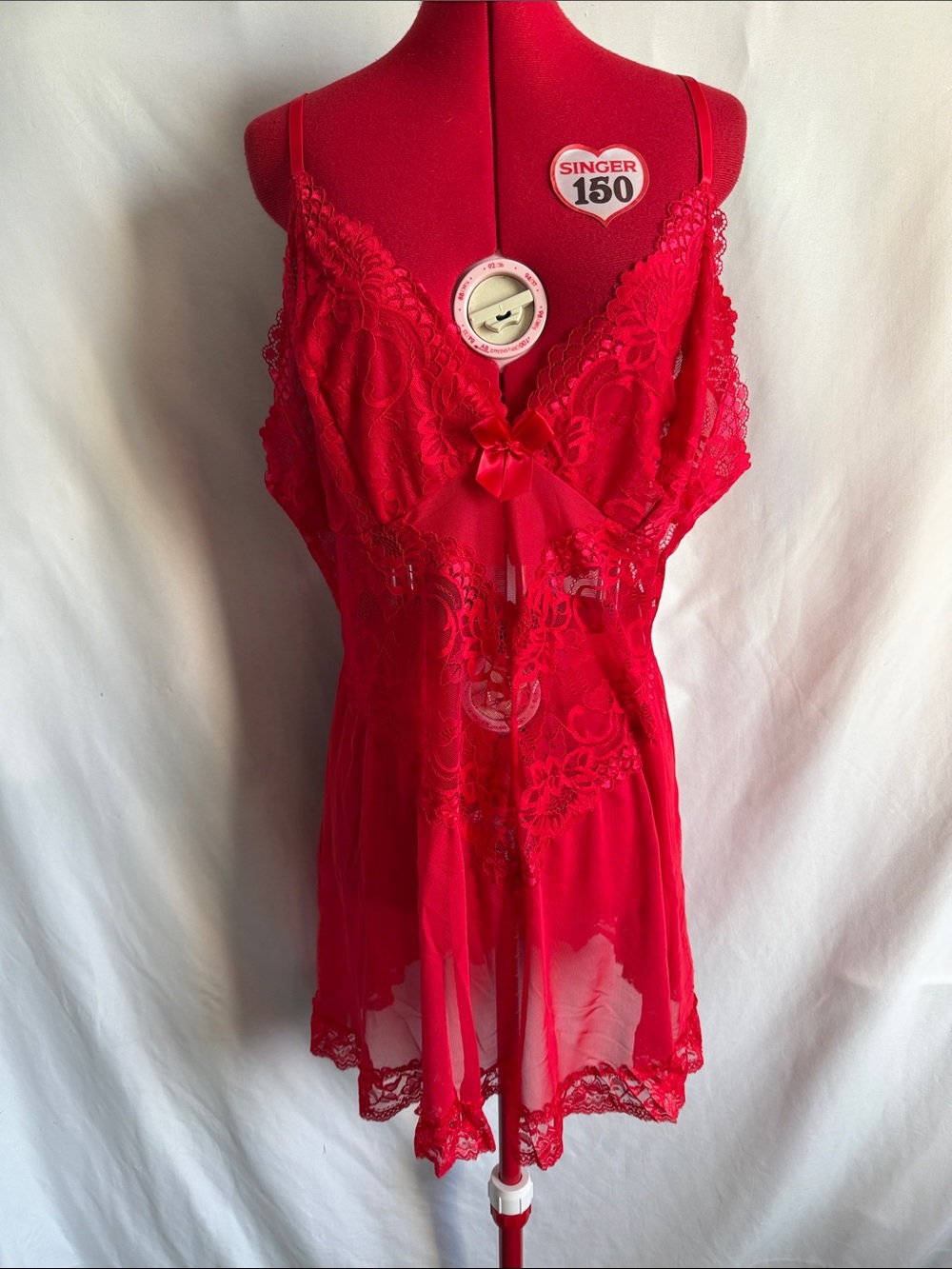 Red Lace & Sheer Chemise with Bow Detail